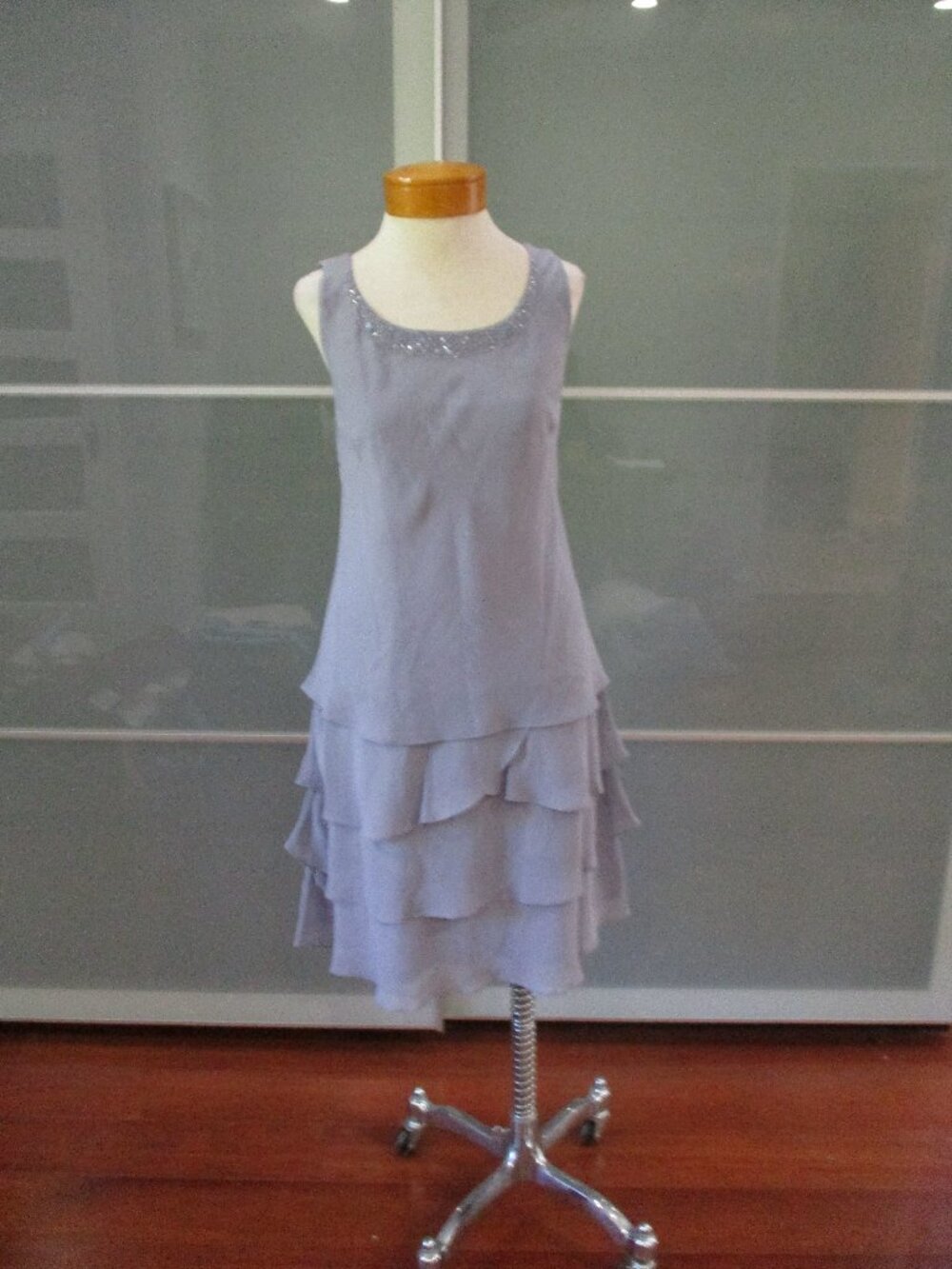 SLNY Tiered Chiffon Overlay Midi Shift Dress